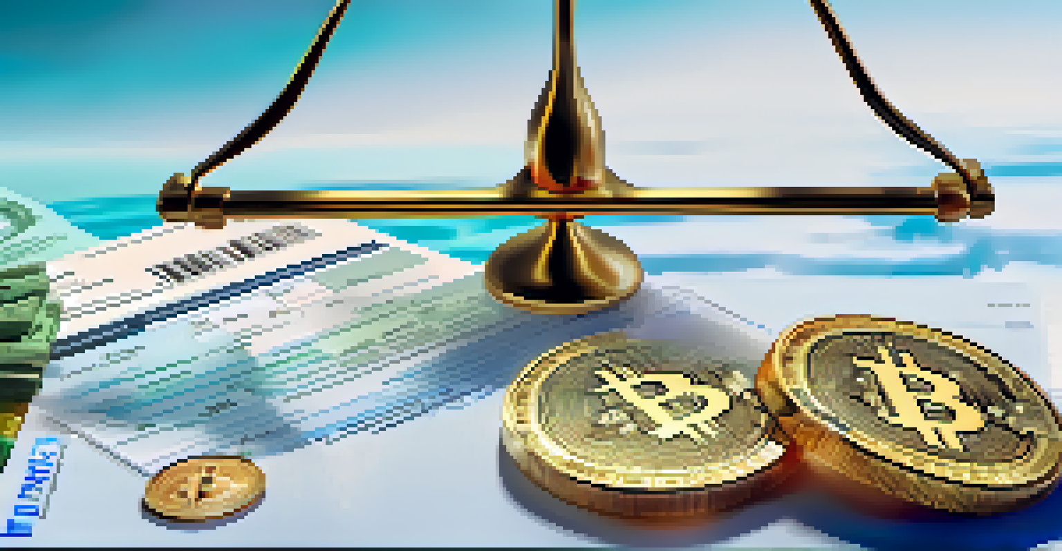 A balance scale with Bitcoin coins on one side and tax documents on the other, set against a blue and green gradient background.