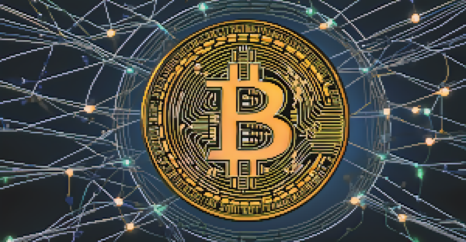 A glowing Bitcoin symbol in a digital network, symbolizing decentralization in finance, set against a dark blue background.