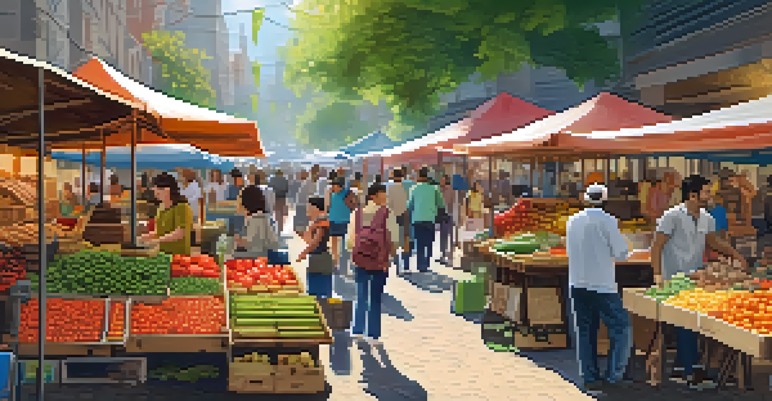 A lively local market with vendors accepting Bitcoin payments, filled with fresh produce and crafts.