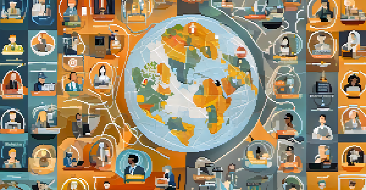 A world map illustrating the global gig economy with freelancer icons and Bitcoin symbols connecting them.