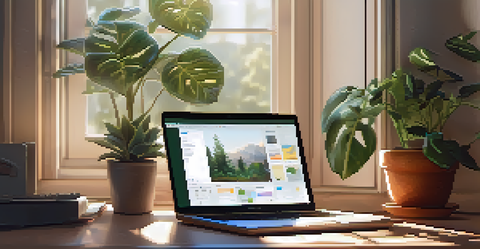A cozy workspace with a laptop showing a VPN interface, surrounded by greenery and a cup of coffee, illuminated by soft sunlight.