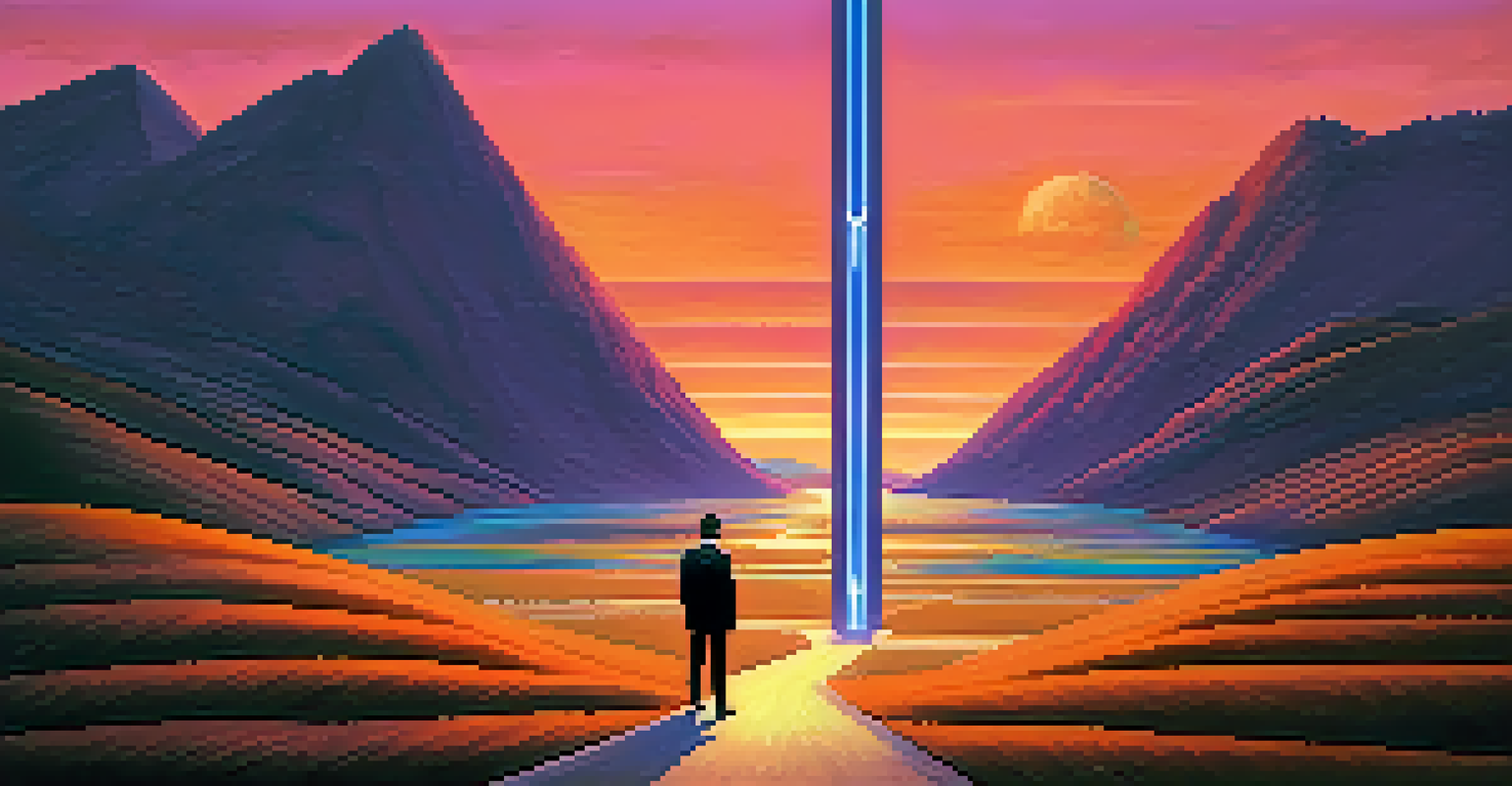 A person standing at a crossroads contemplating the choice between traditional banking and digital currencies at sunset.