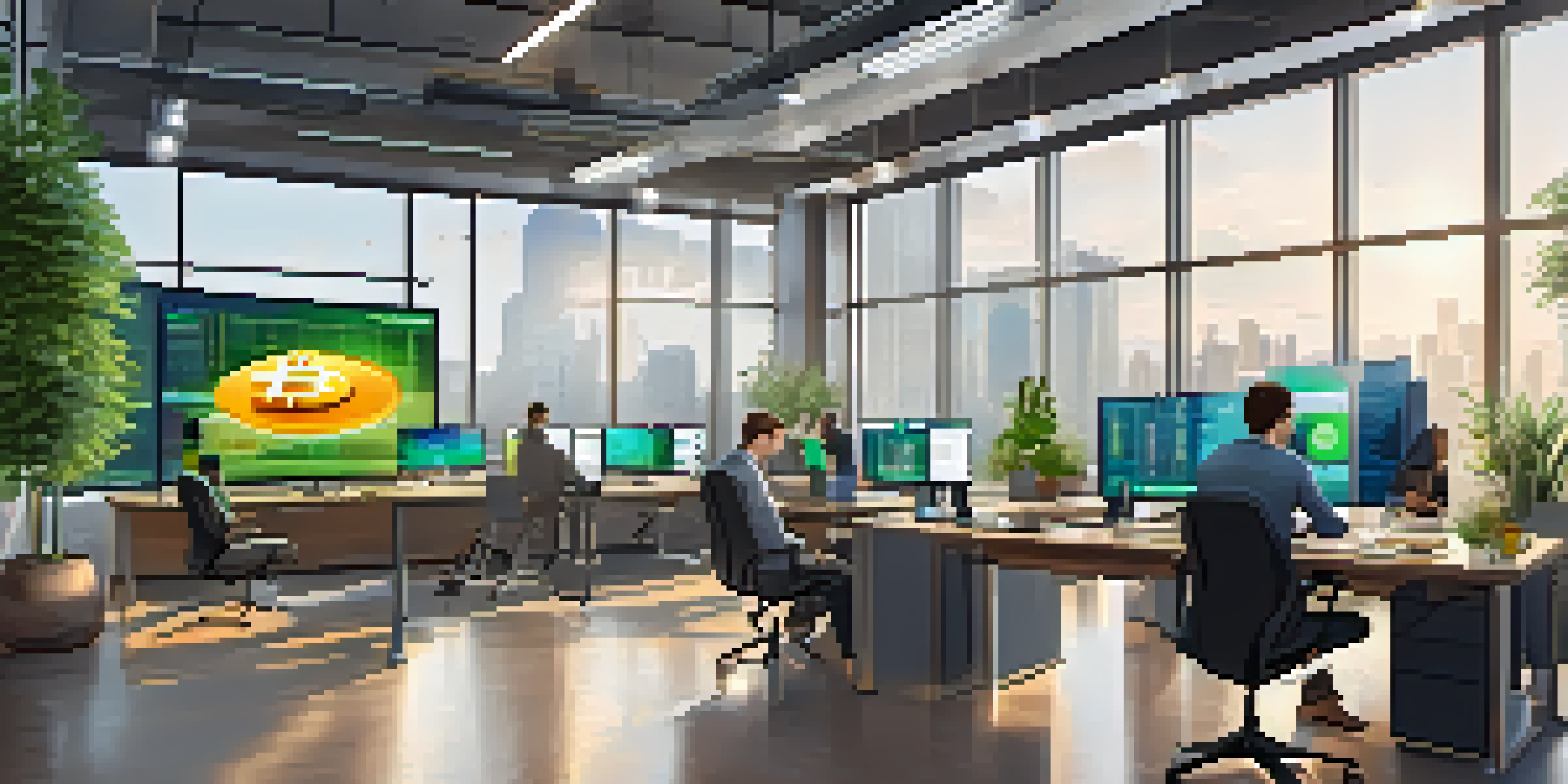 A vibrant office scene with professionals discussing cryptocurrency, featuring large screens with Bitcoin charts and natural light from windows.