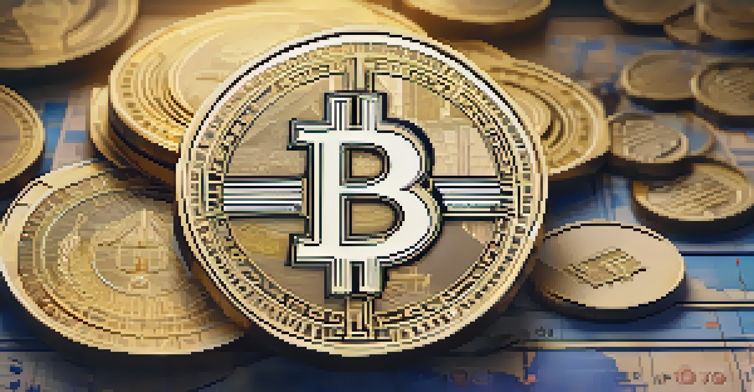 A golden token symbolizing ICOs in the foreground, with blurred financial charts and graphs in the background, illuminated by soft lighting.
