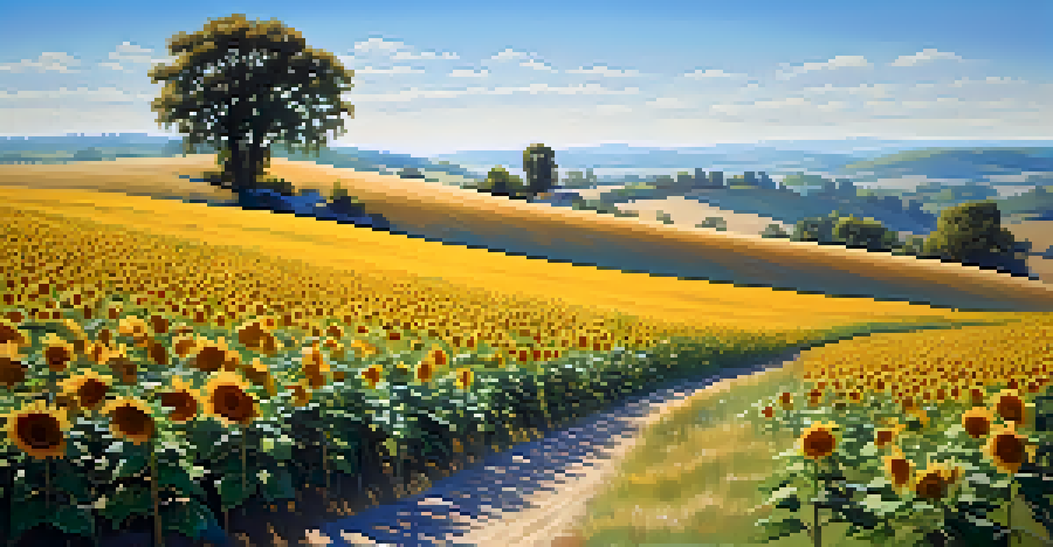 A tranquil landscape with rolling hills and a field of sunflowers.