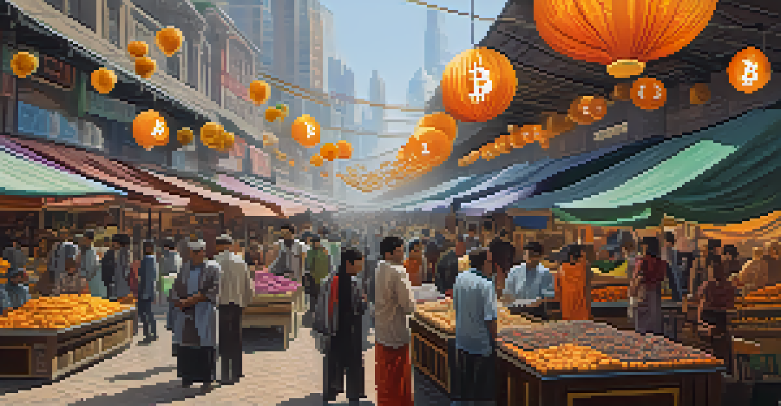A vibrant marketplace with vendors using digital screens to transact with Bitcoin, filled with diverse people and colorful stalls.