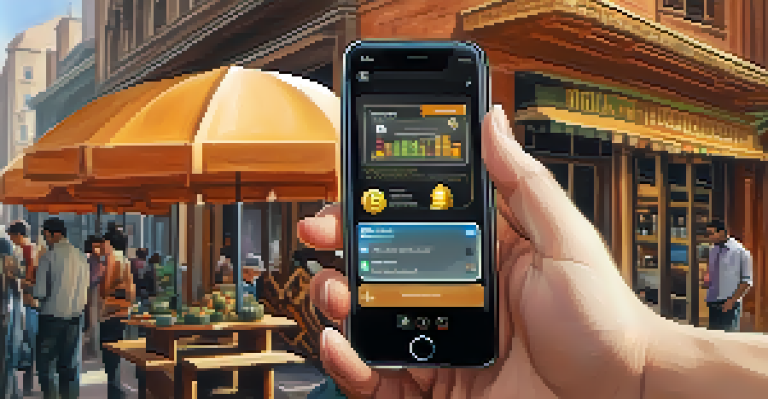 A young entrepreneur holding a smartphone showing a Bitcoin wallet, with a lively market scene in the background, representing financial inclusion.