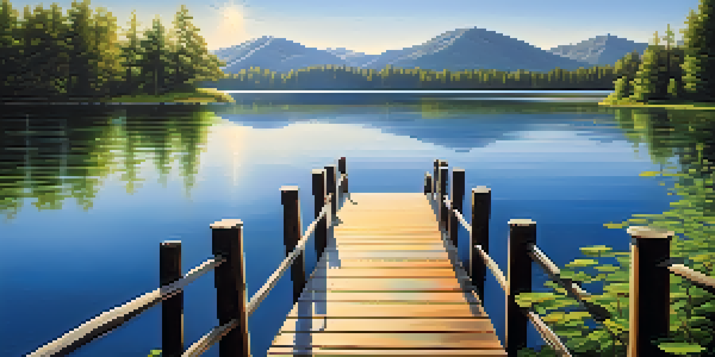 A calm lake surrounded by trees and mountains, with a dock extending into the water under a bright blue sky.
