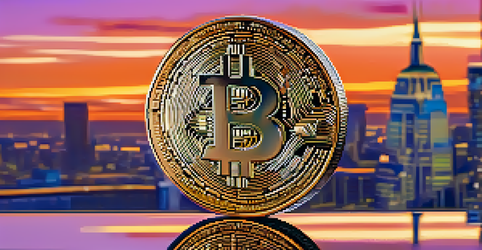 Close-up of a shiny Bitcoin on a reflective surface with a blurred cityscape at dusk in the background.