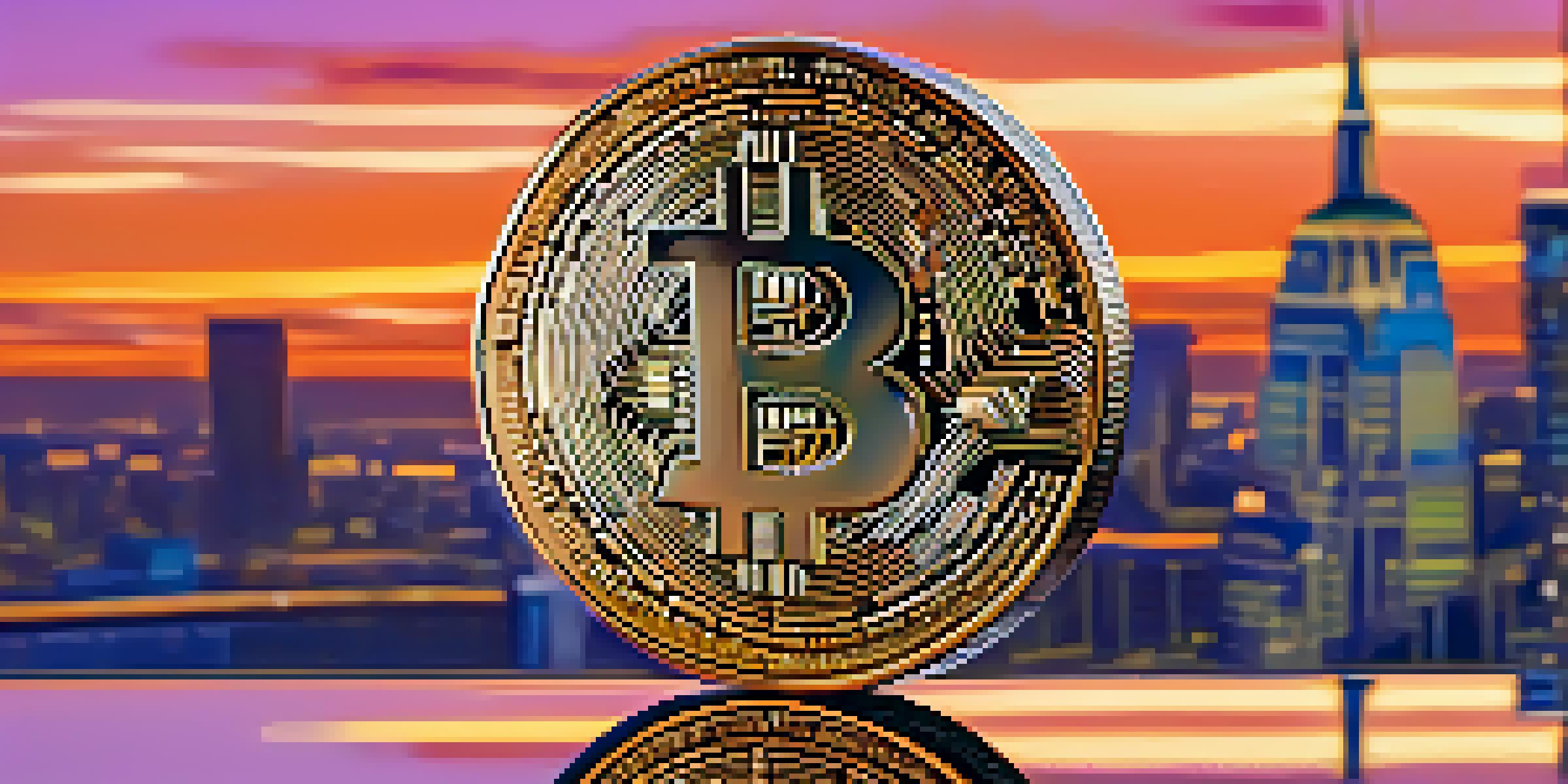 Close-up of a shiny Bitcoin on a reflective surface with a blurred cityscape at dusk in the background.