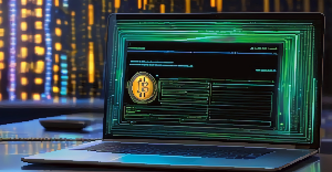 A modern laptop displaying a digital Bitcoin wallet interface with encryption codes around it, in a dimly lit room.