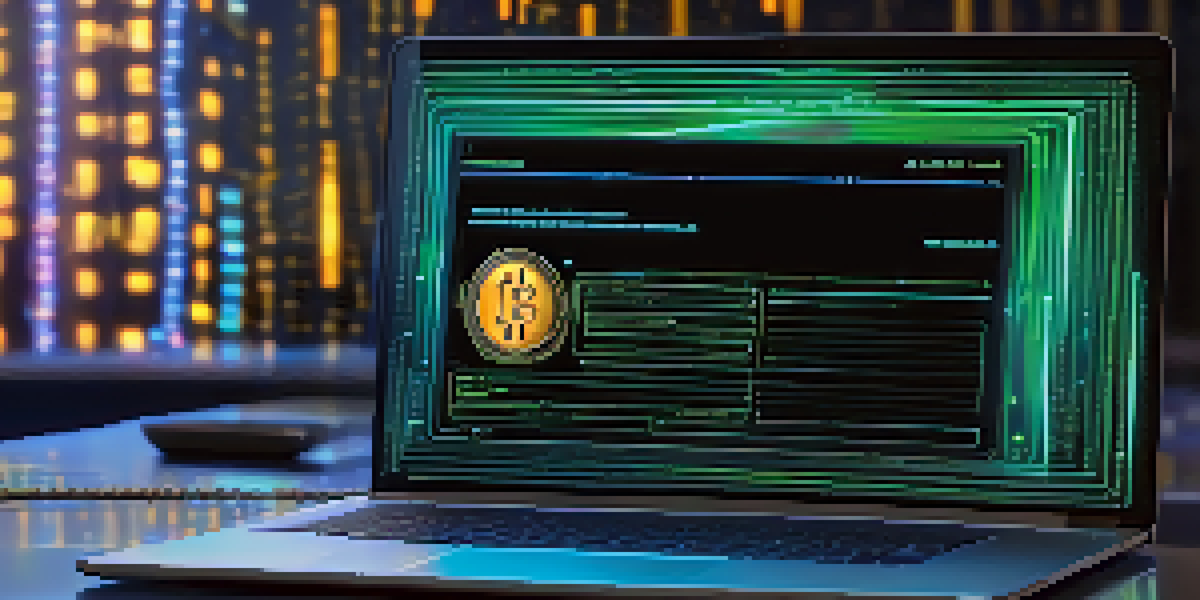 A modern laptop displaying a digital Bitcoin wallet interface with encryption codes around it, in a dimly lit room.