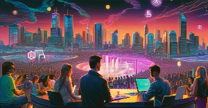 A futuristic cityscape with neon colors, where people are using mobile devices to conduct cryptocurrency transactions, with a glowing Bitcoin symbol in the foreground.
