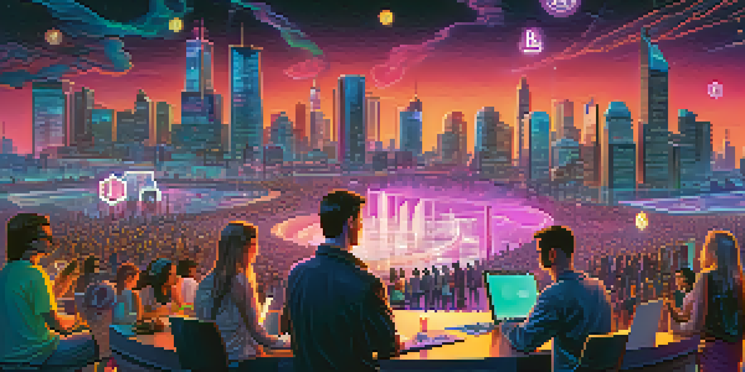 A futuristic cityscape with neon colors, where people are using mobile devices to conduct cryptocurrency transactions, with a glowing Bitcoin symbol in the foreground.
