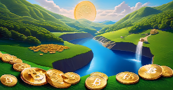 A peaceful landscape featuring a digital gold mine filled with Bitcoin coins, surrounded by green hills and a clear blue sky.
