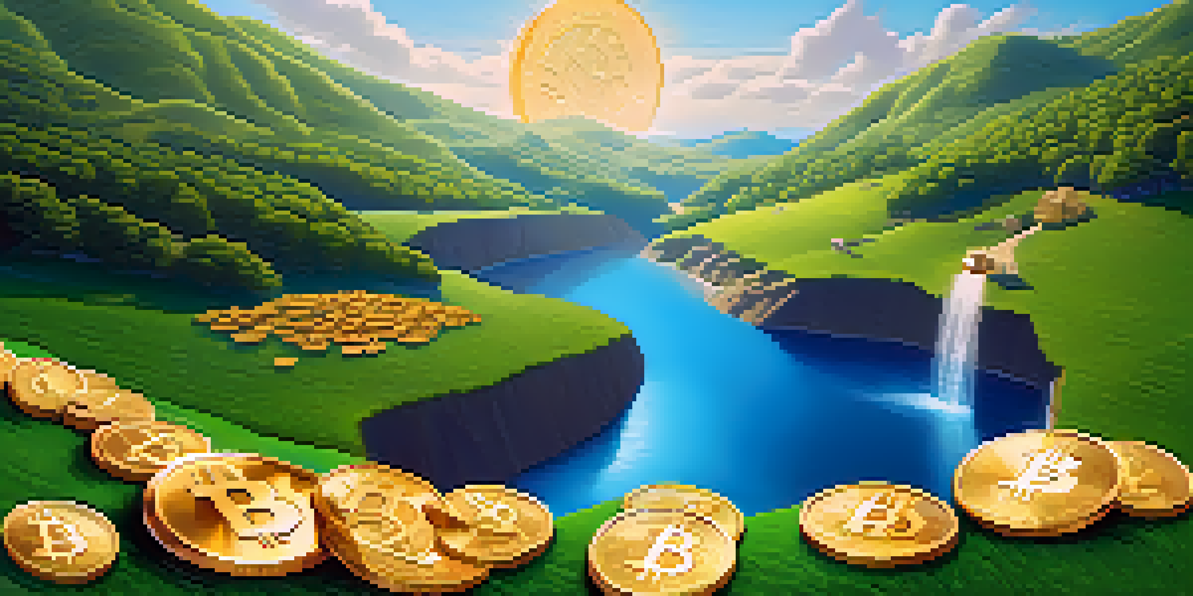 A peaceful landscape featuring a digital gold mine filled with Bitcoin coins, surrounded by green hills and a clear blue sky.