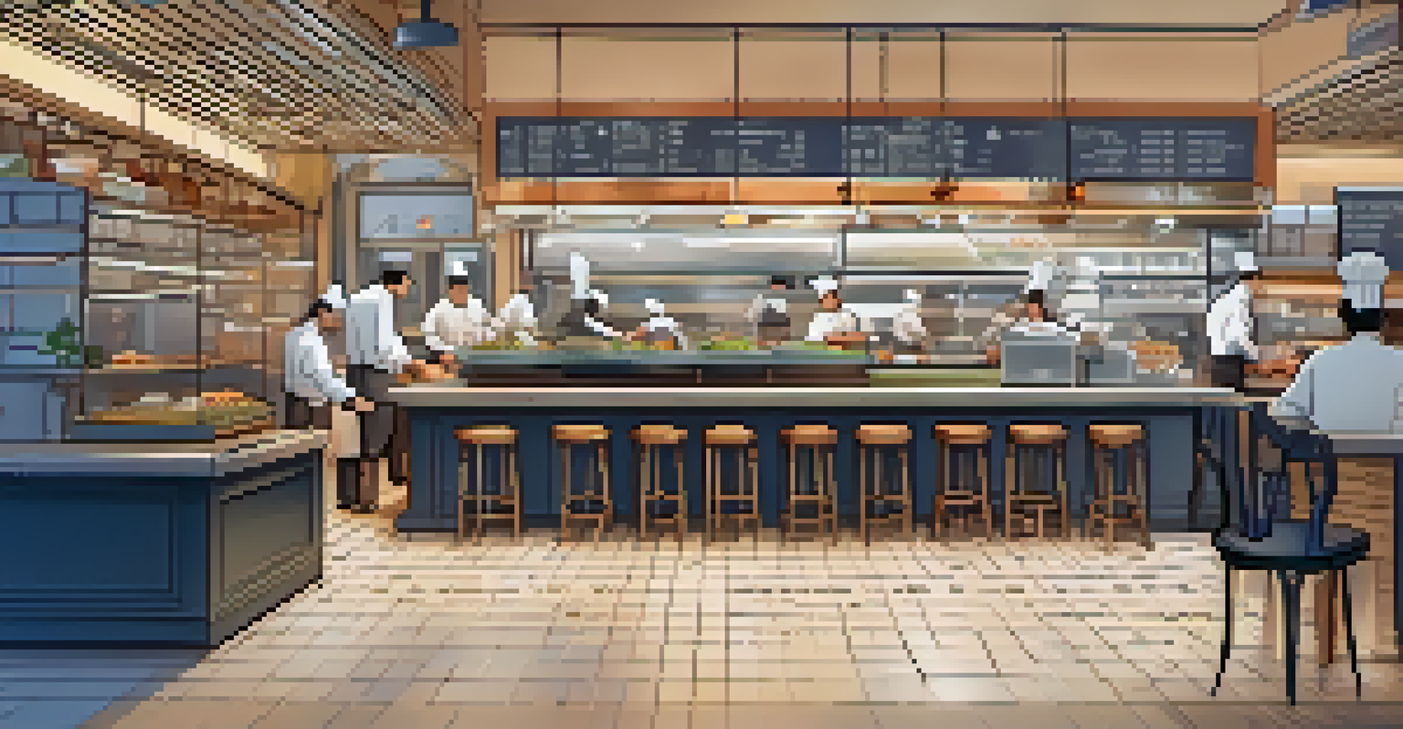 A busy restaurant with two counters, one for cooking and another for fast order placement, illustrating Layer 2 solutions in Bitcoin.