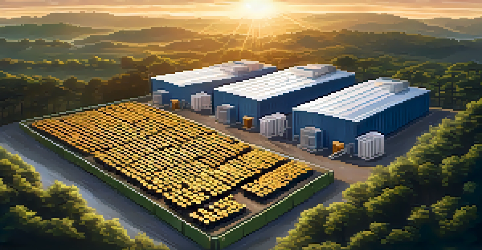 An aerial view of a Bitcoin mining farm with containers surrounded by greenery at sunset.