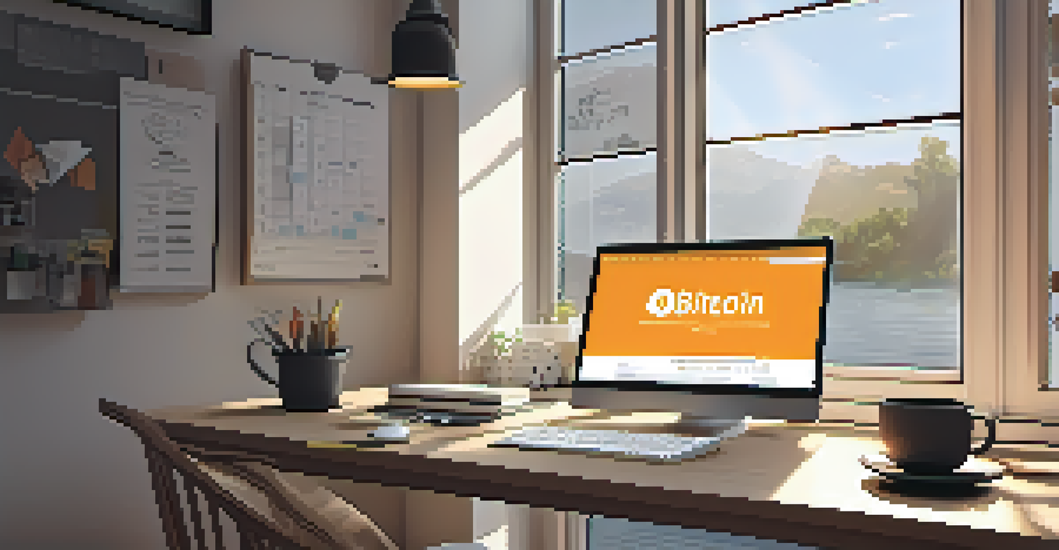 A workspace with a laptop showing Bitcoin analysis, notebooks, a coffee cup, and sunlight streaming in, creating an organized and creative atmosphere.