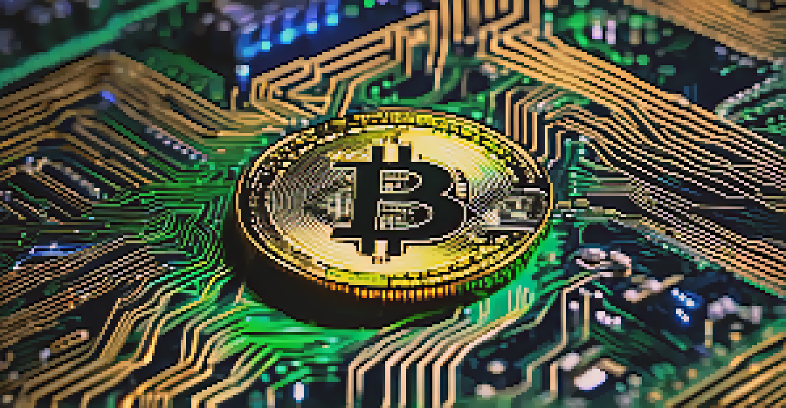 A close-up of a Bitcoin coin on a digital circuit board with glowing lights.