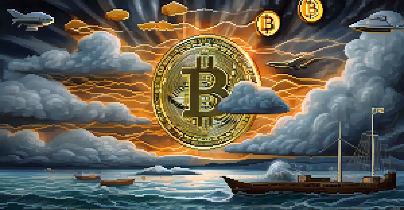 An infographic showing Bitcoin as a safe haven during crises, with a stormy sky and a glowing Bitcoin symbol surrounded by stability and security icons.