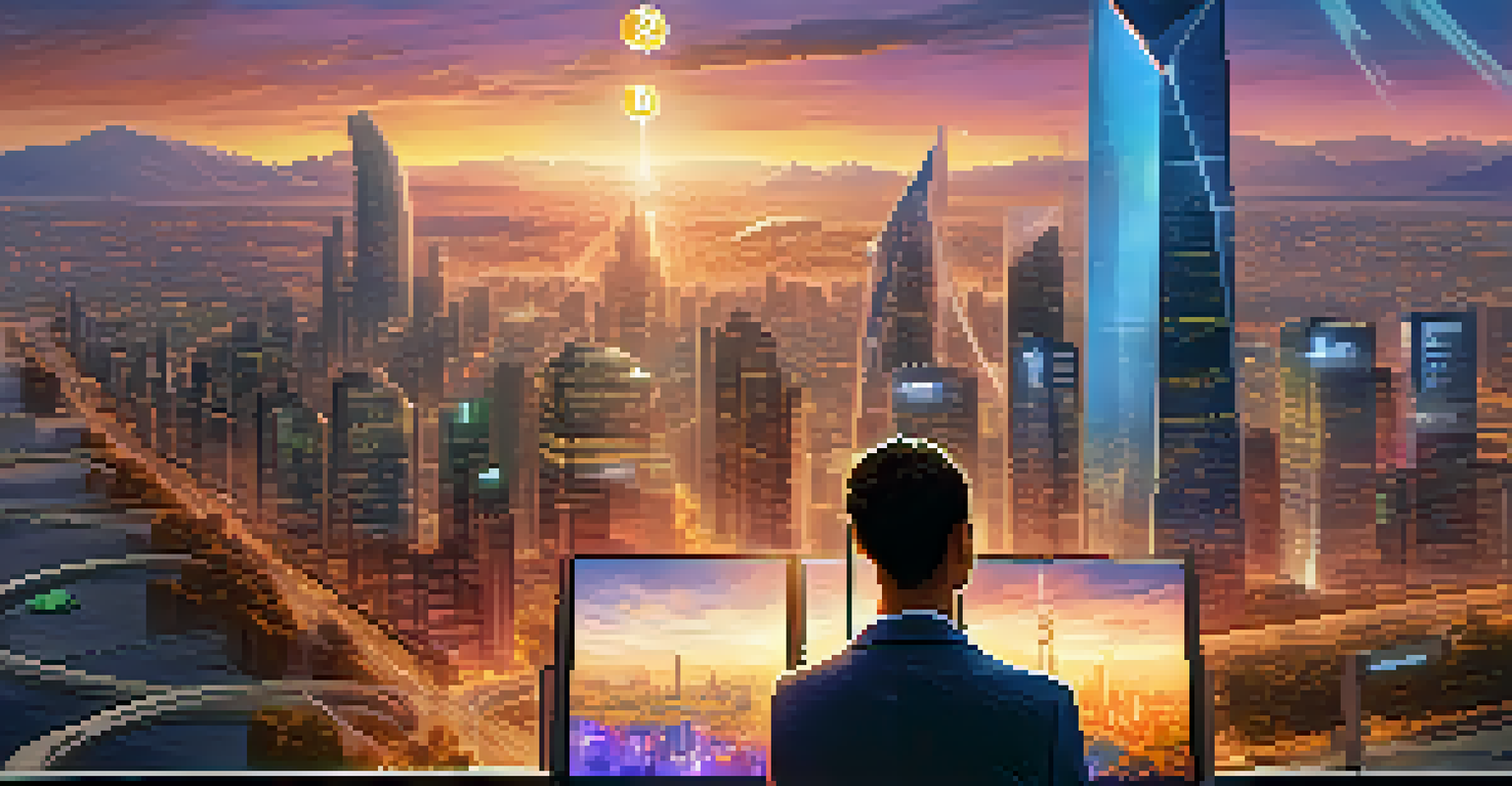 A futuristic city skyline with advanced internet infrastructure and a person using a tablet to interact with Bitcoin, set against a vibrant sunset.