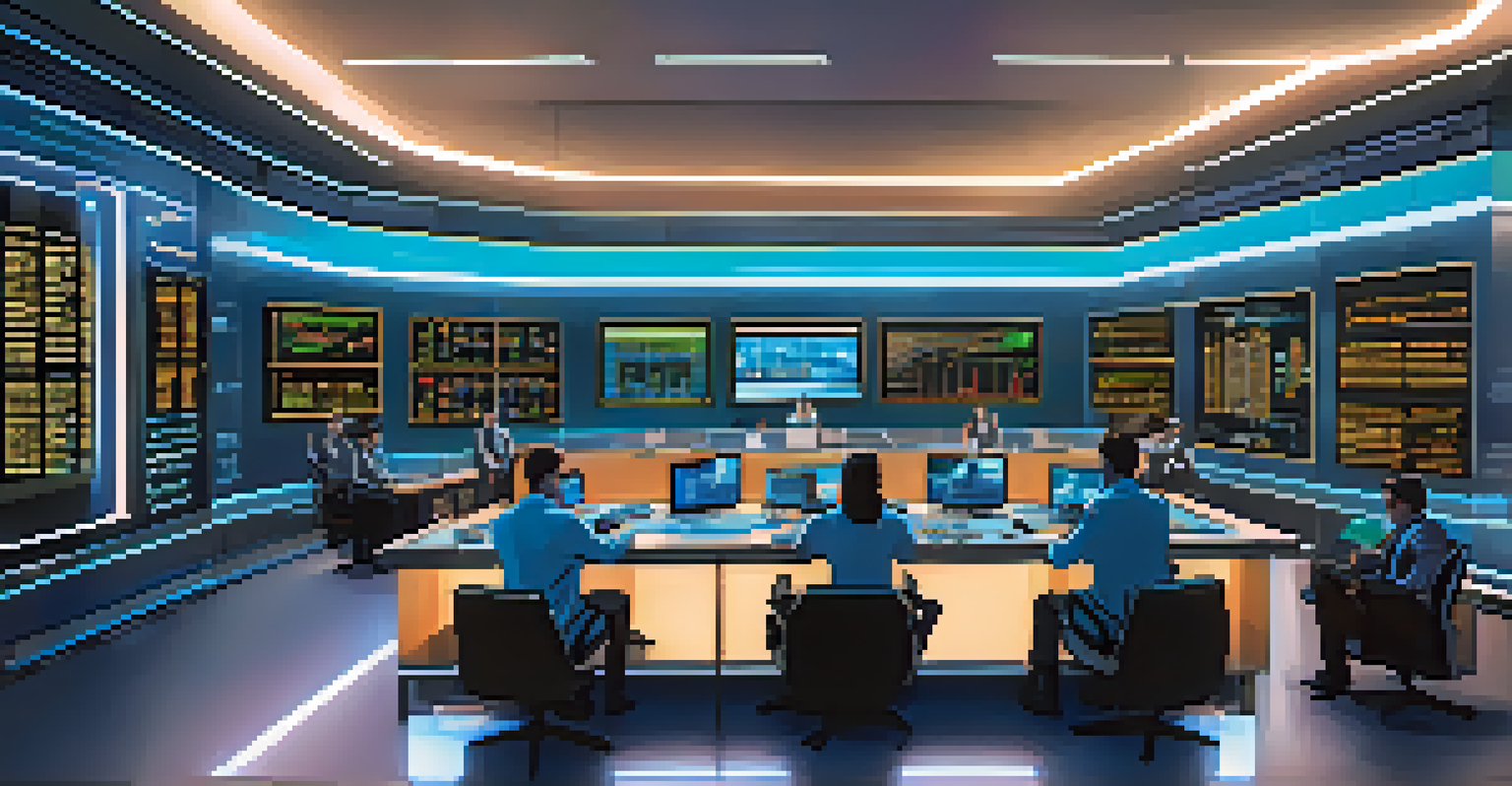 A futuristic trading room with holographic displays showing Bitcoin futures trends, illuminated by soft blue lighting.
