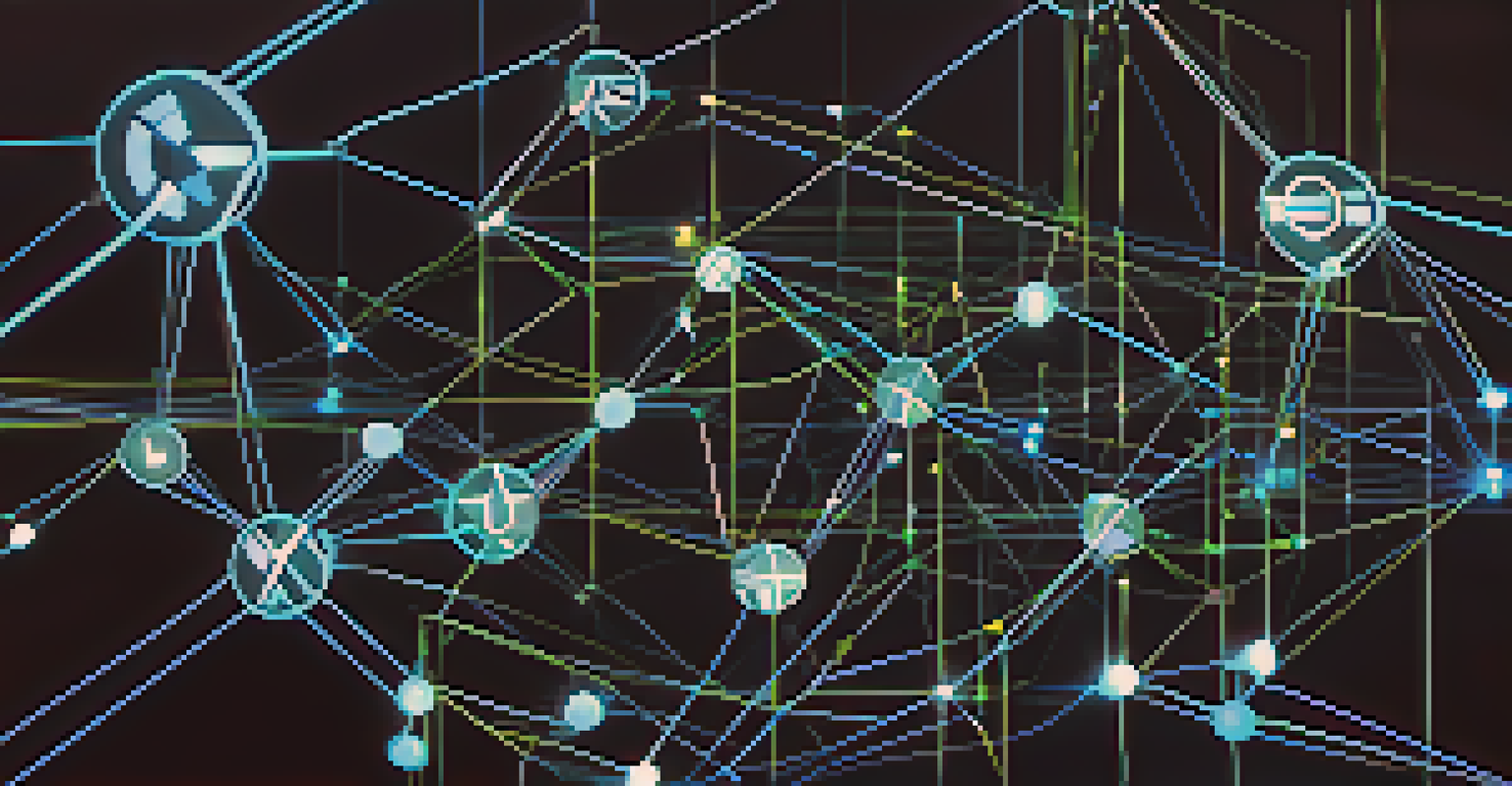 An abstract blockchain network illustration with glowing nodes and Bitcoin symbols on a dark background.