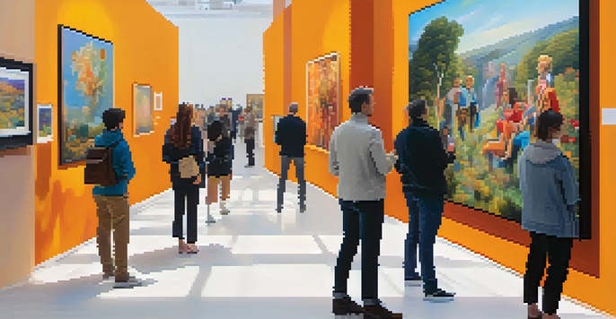 An art gallery with collectors examining artworks and discussing digital art transactions.