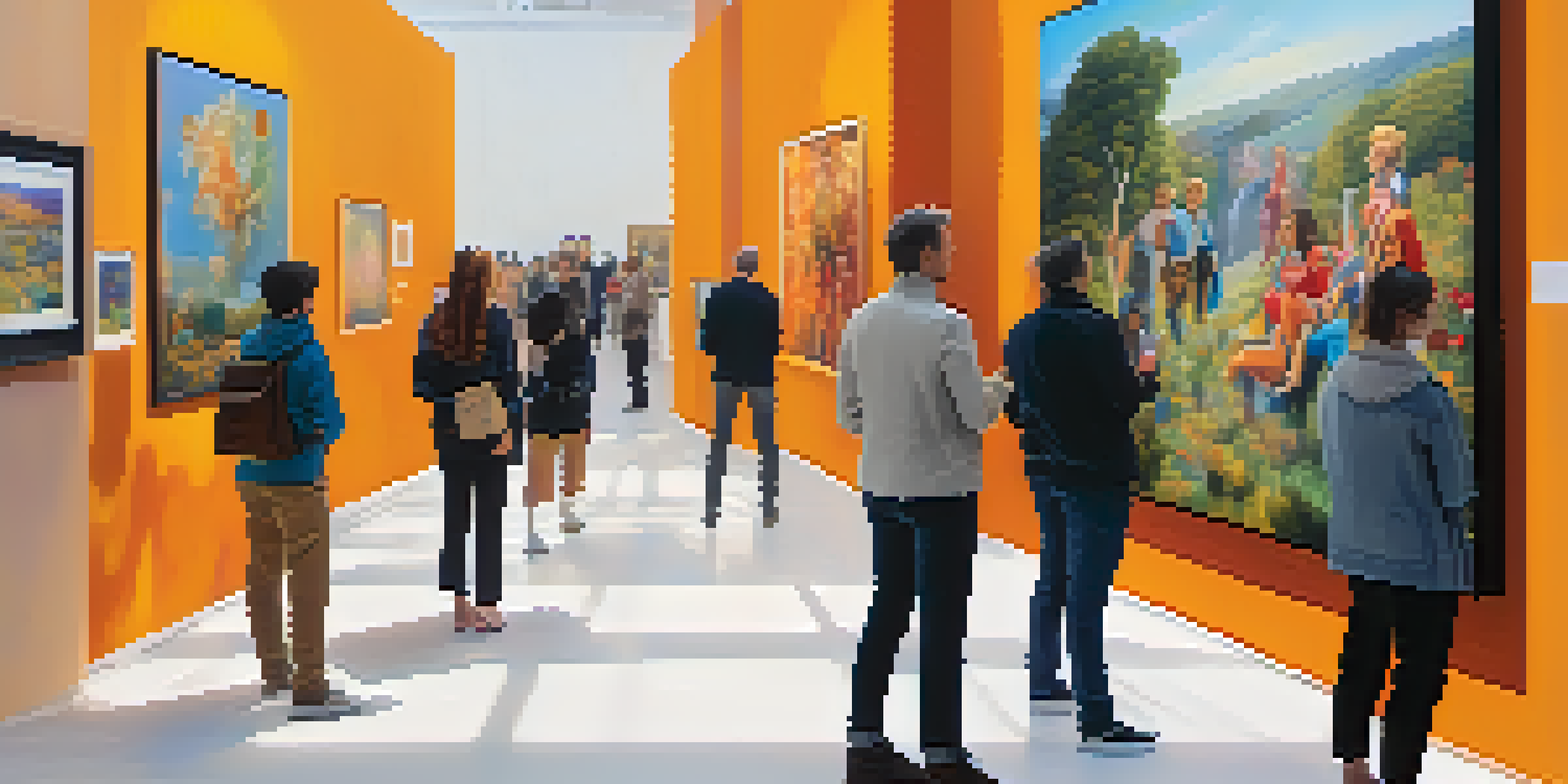 An art gallery with collectors examining artworks and discussing digital art transactions.