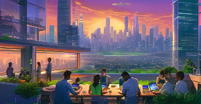 A vibrant city at dusk filled with glowing buildings and people using digital devices, symbolizing the fusion of technology and finance.