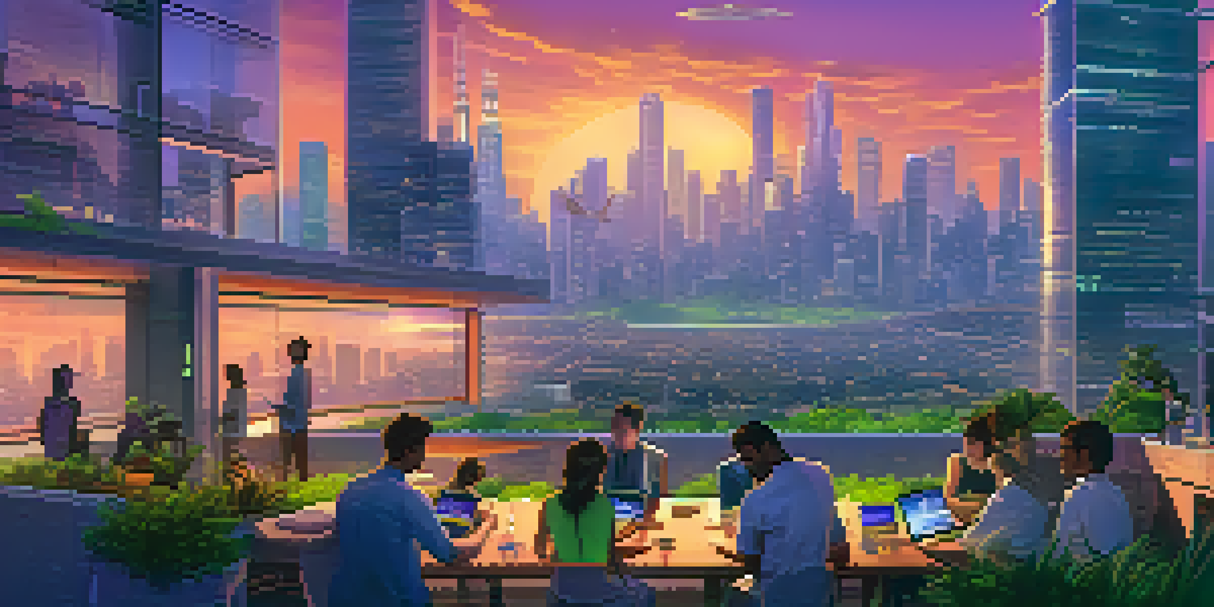 A vibrant city at dusk filled with glowing buildings and people using digital devices, symbolizing the fusion of technology and finance.