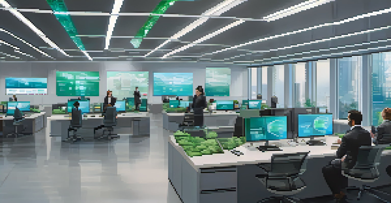 A diverse group of professionals in a futuristic office sharing verified identity information using digital devices.