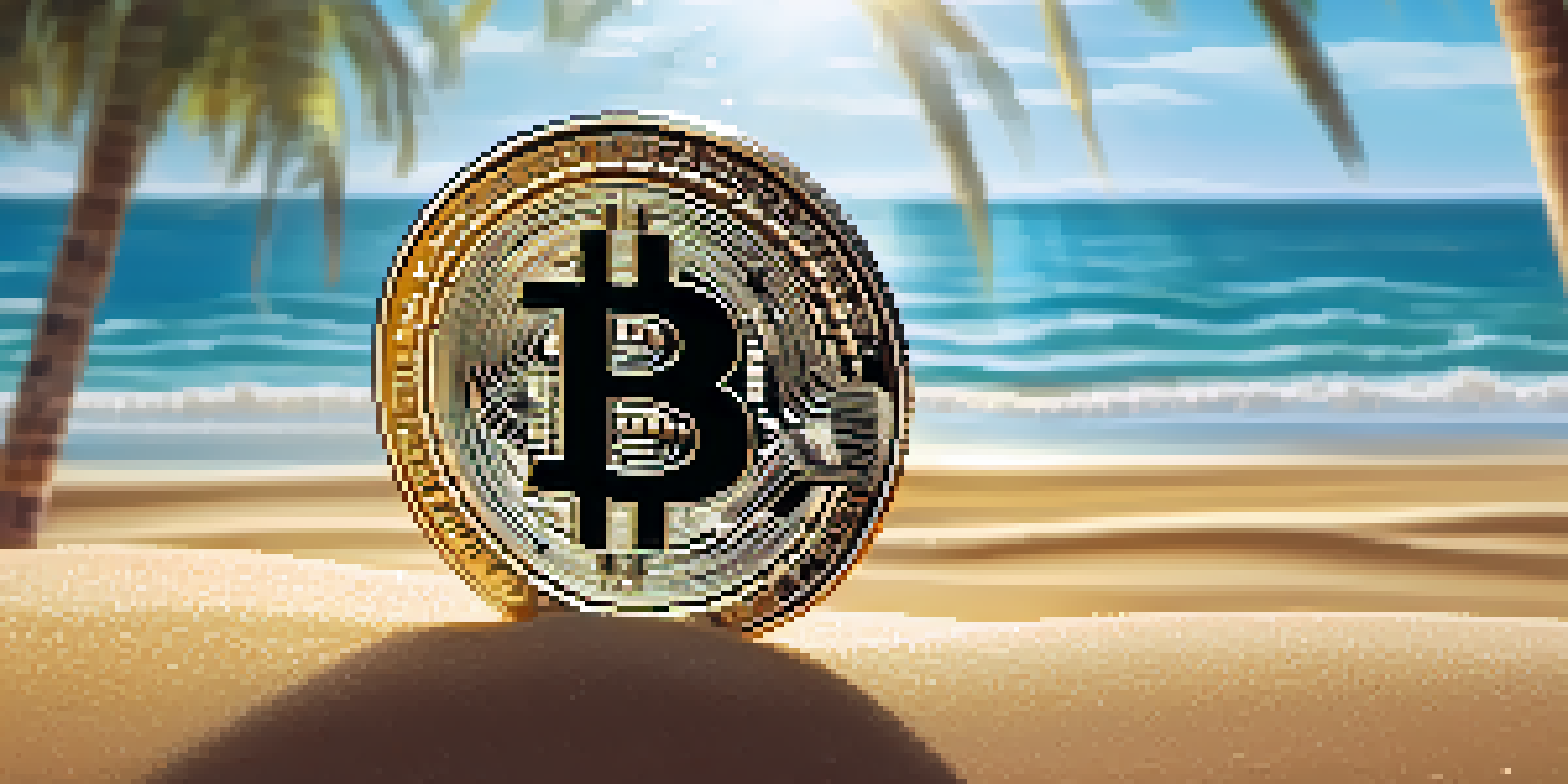 A shiny Bitcoin coin on golden sand with blurred palm trees and a blue sky in the background.