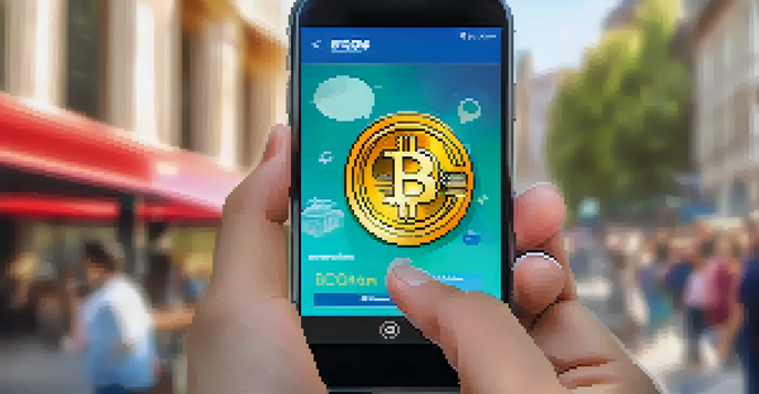 A hand holding a smartphone with a Bitcoin wallet app on the screen, surrounded by soft-focus images of philanthropy.