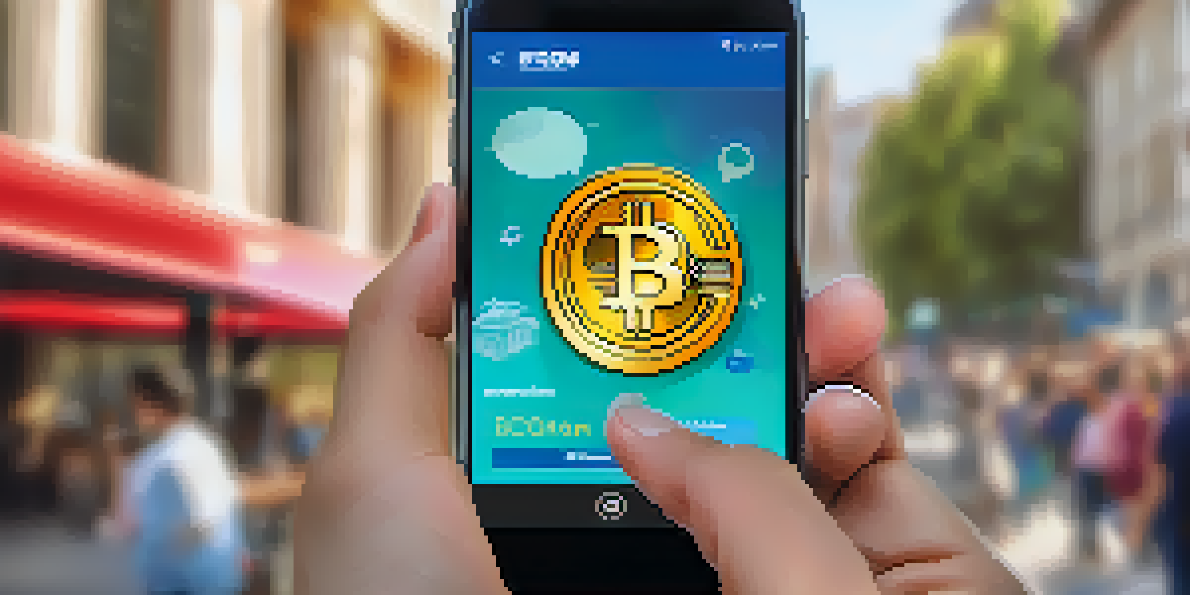 A hand holding a smartphone with a Bitcoin wallet app on the screen, surrounded by soft-focus images of philanthropy.