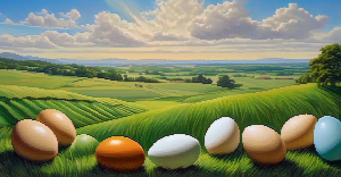 A tranquil landscape featuring a green field with colorful eggs representing various investments, under a bright blue sky with soft clouds.