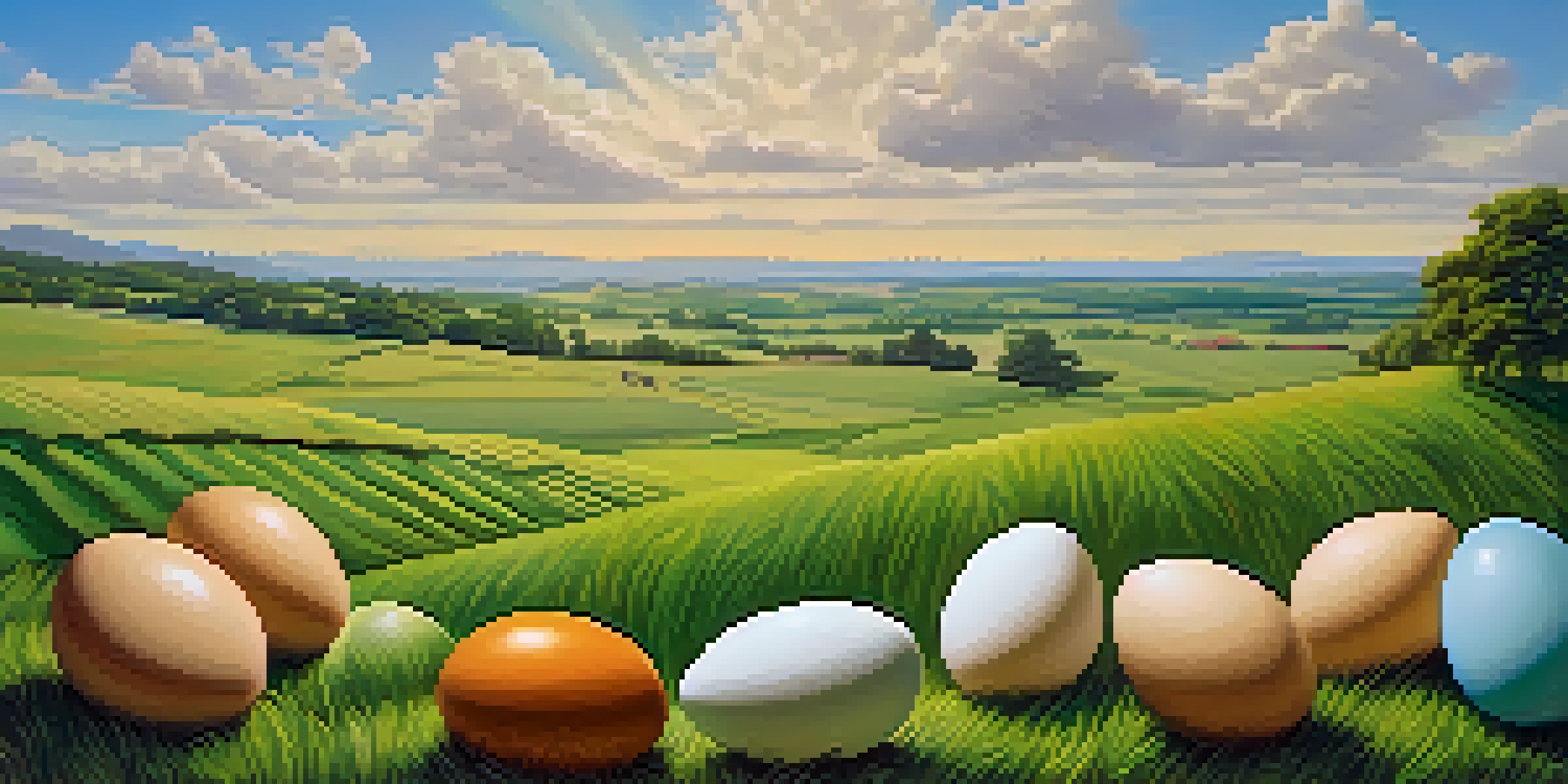 A tranquil landscape featuring a green field with colorful eggs representing various investments, under a bright blue sky with soft clouds.