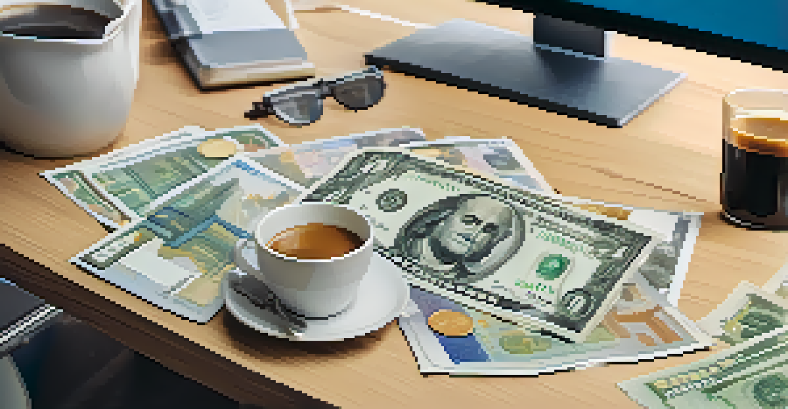 Various traditional currency notes scattered on an office desk with a laptop showing a trading platform.