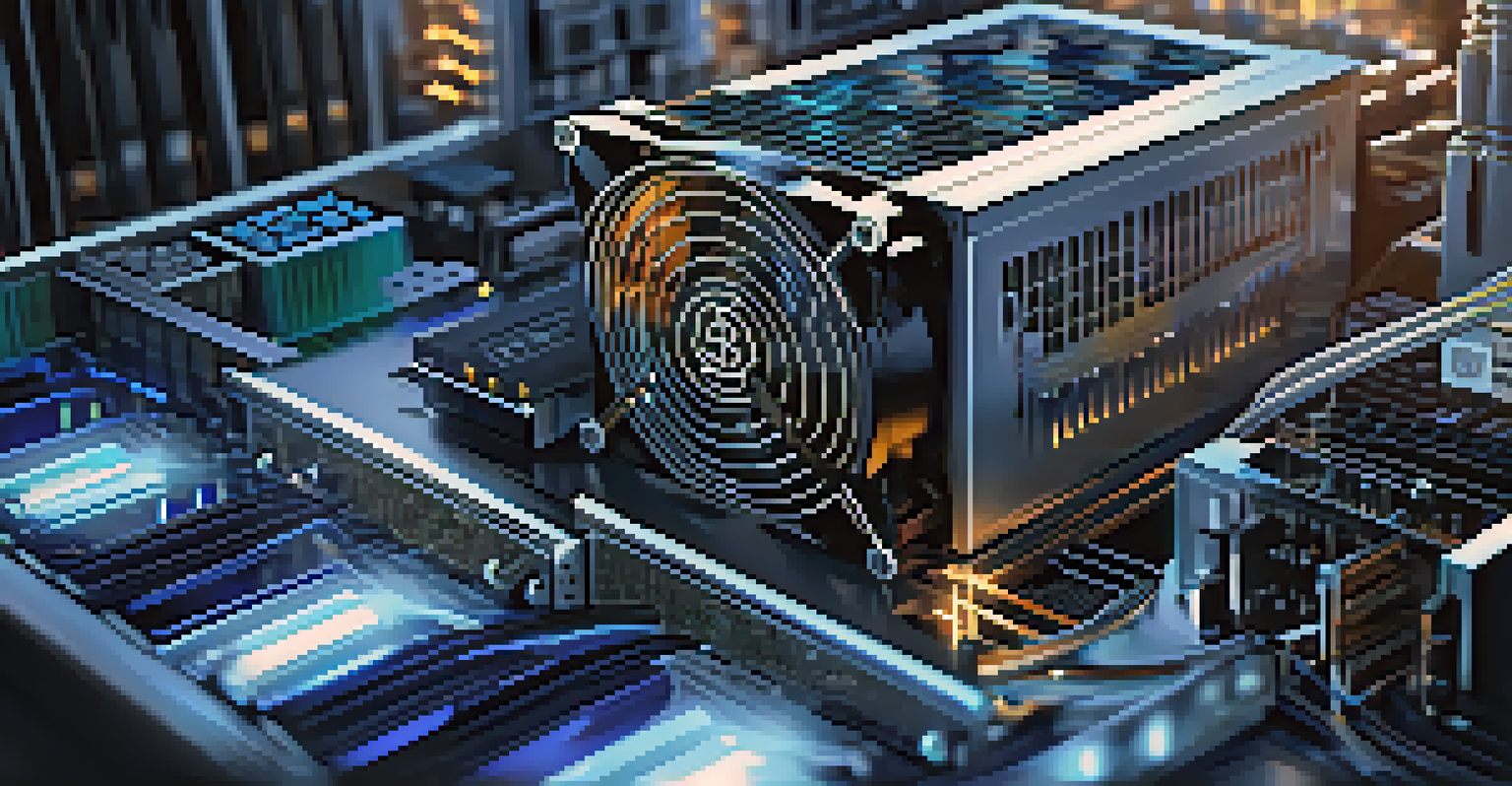 Close-up of advanced Bitcoin mining hardware on a modern workstation, showcasing intricate details and a high-tech atmosphere.