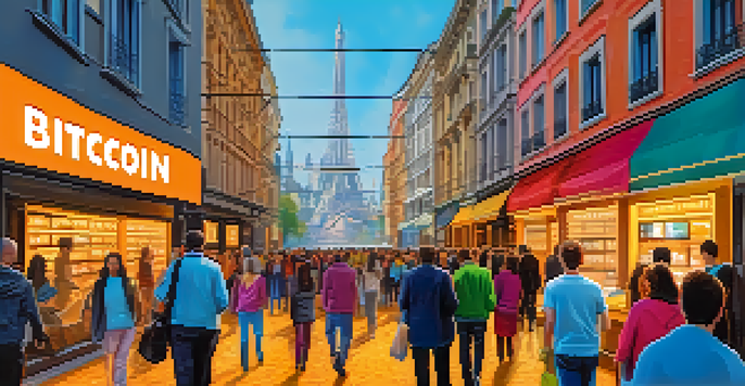 A busy city street in Europe featuring a digital Bitcoin price display and diverse people involved in transactions, with modern buildings in the background.