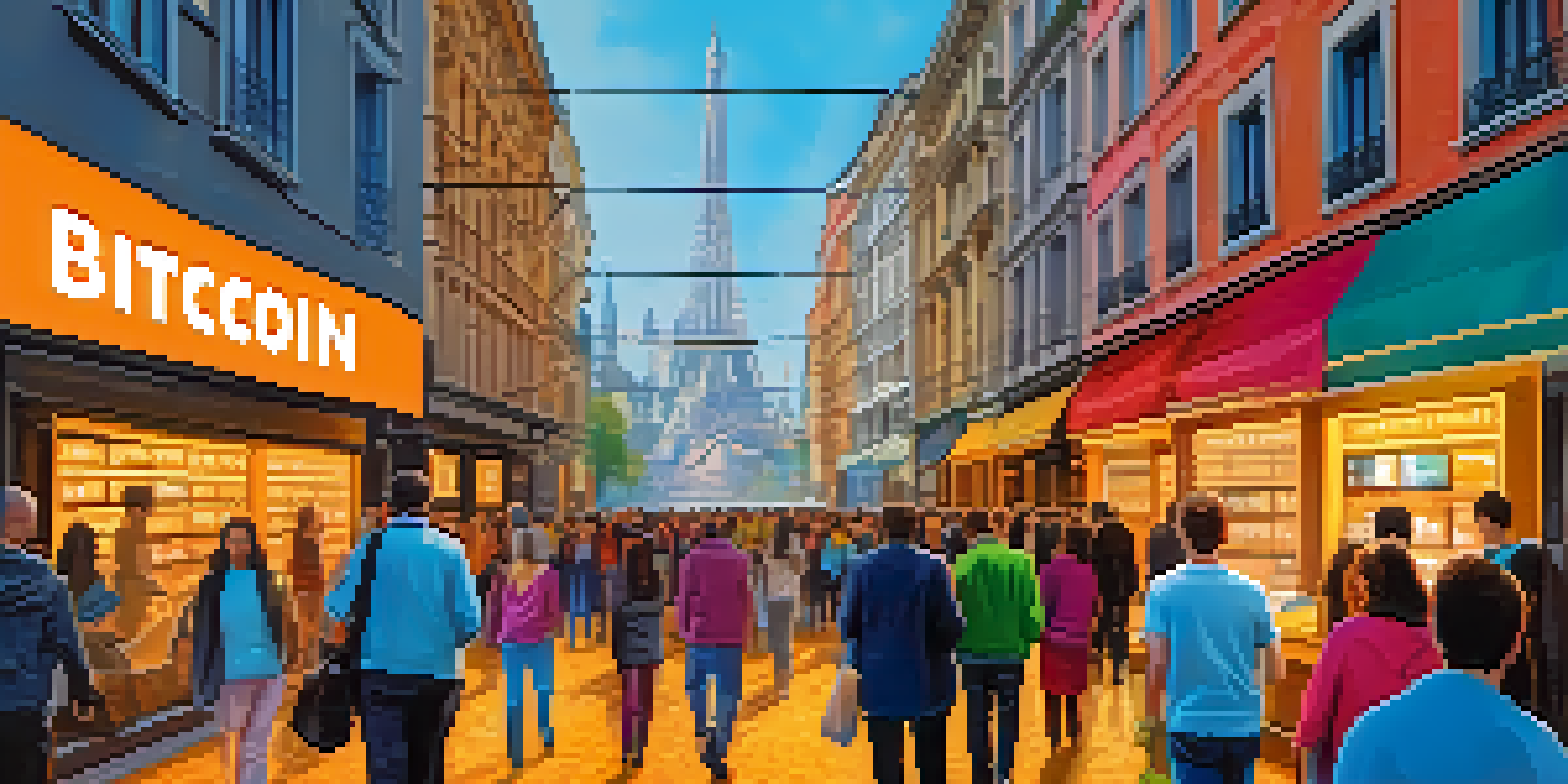 A busy city street in Europe featuring a digital Bitcoin price display and diverse people involved in transactions, with modern buildings in the background.