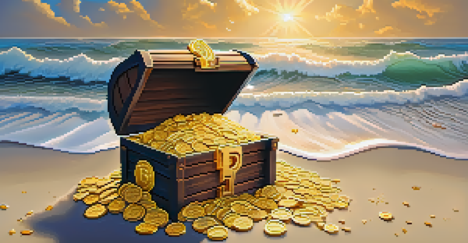A treasure chest filled with Bitcoin coins on a sandy beach with waves, symbolizing the thrill of investment rewards.