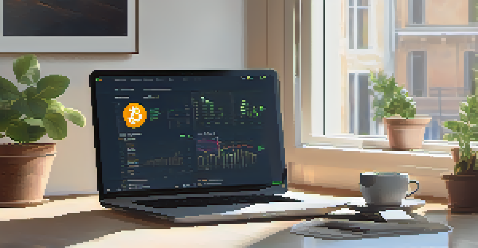 A workspace with a laptop showing a Bitcoin block explorer website, a plant, and a coffee cup on the desk.