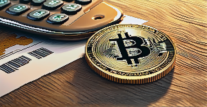 A Bitcoin coin on a wooden surface, surrounded by dollar bills and a calculator, with a soft warm light and a blurred stock market graph in the background.
