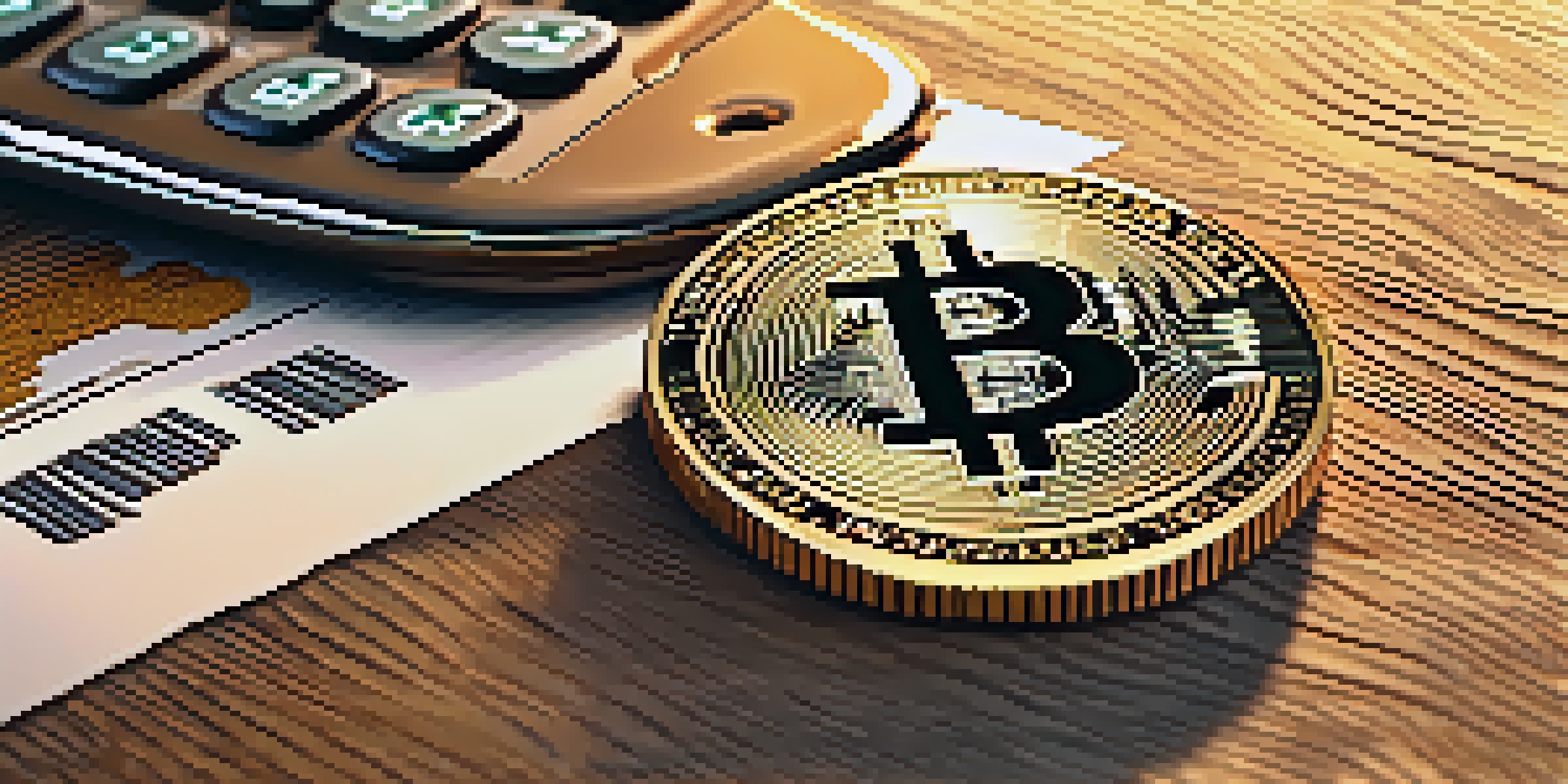 A Bitcoin coin on a wooden surface, surrounded by dollar bills and a calculator, with a soft warm light and a blurred stock market graph in the background.