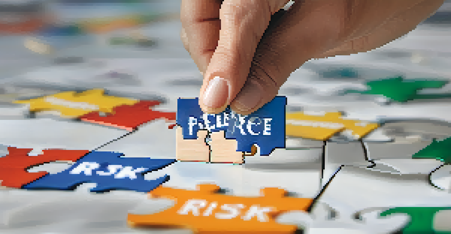 A close-up of a hand holding a puzzle piece labeled 'Risk Tolerance' above a colorful puzzle representing an investment portfolio.