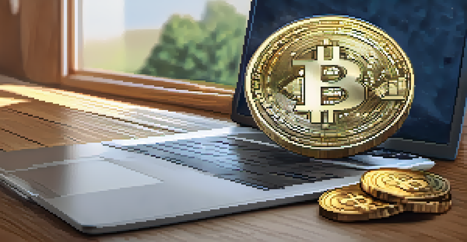 A close-up image of Bitcoin Cash and Bitcoin SV coins on a wooden desk, with a laptop showing social media feeds in the background.
