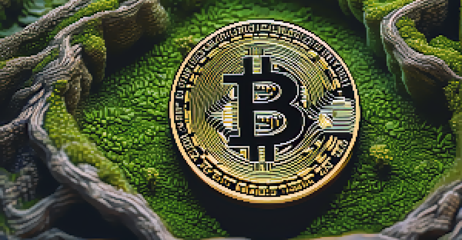 A detailed close-up of a shiny Bitcoin coin on green moss.