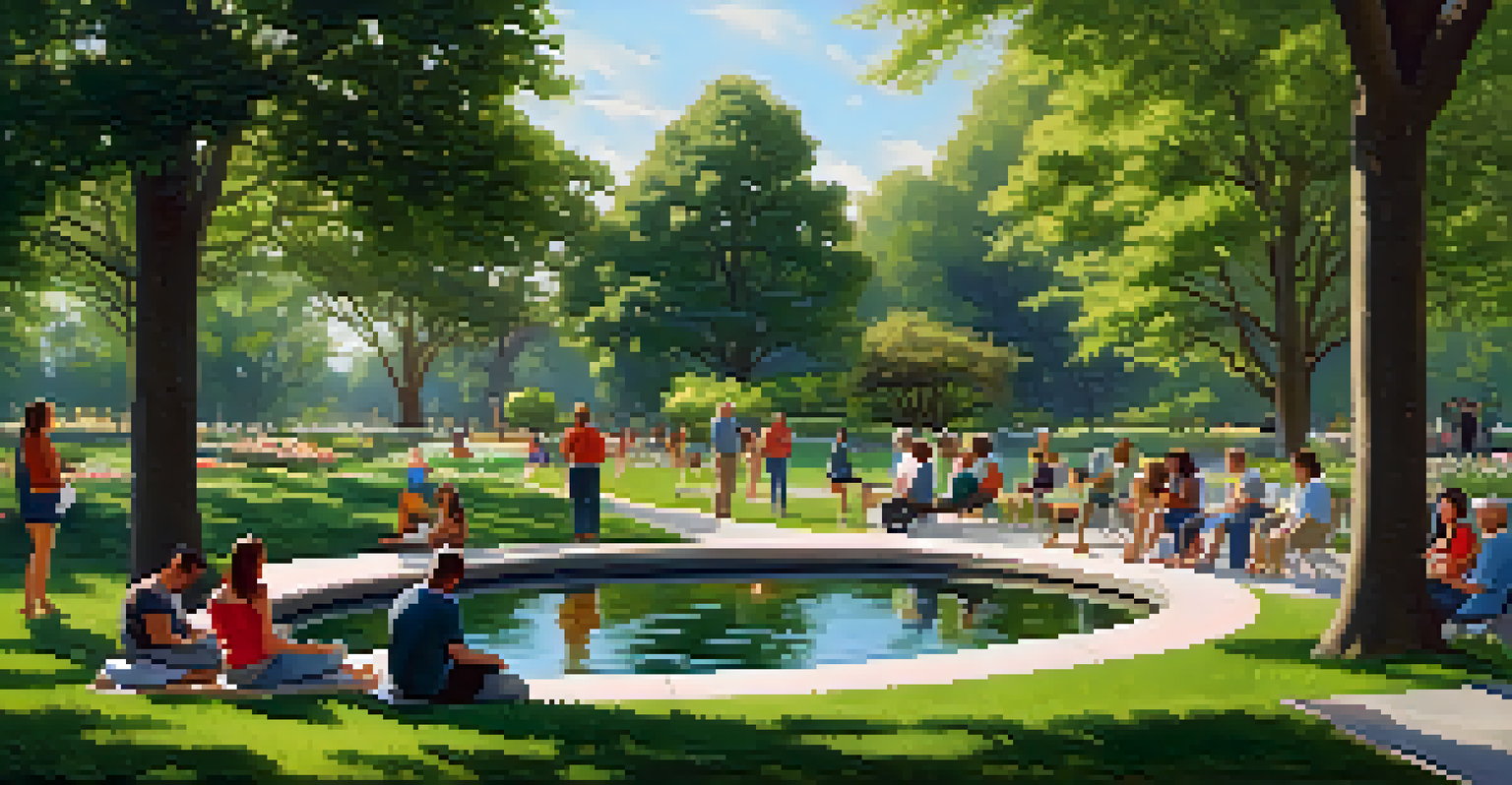A serene park scene with diverse individuals engaged in discussions amidst greenery and flowers.